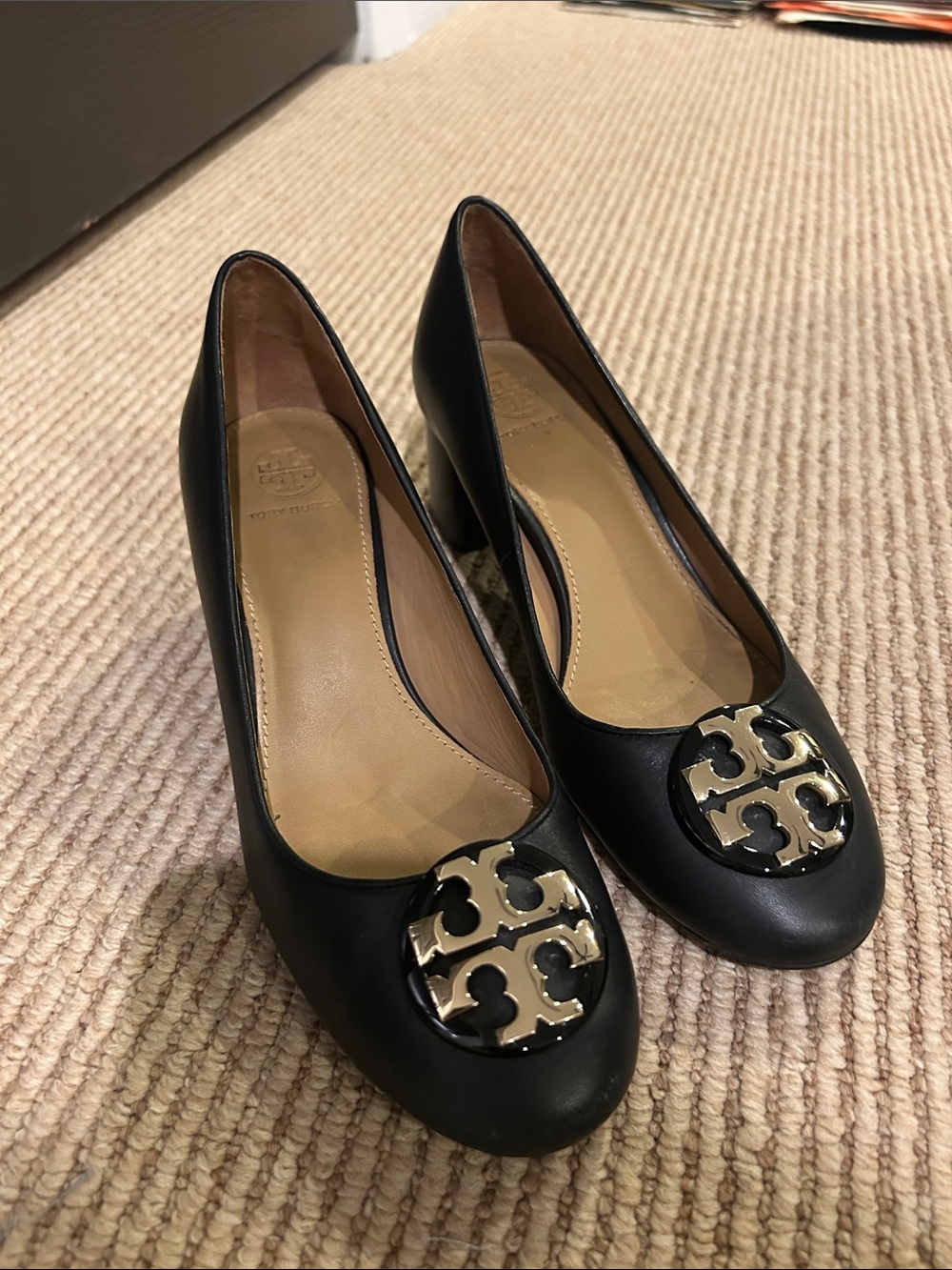Tory Burch Black Leather Heels with Gold Logo Medallion